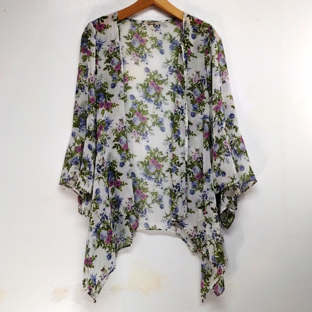 Gimmicks by BKE Chiffon Open Front Cardigan / Cover Up with Handkerchief Hem
